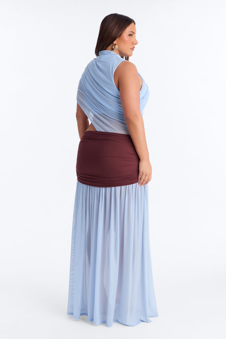 Delilah Draped Mesh Maxi Dress - Blue/combo