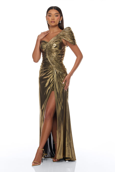 Vedas Runway Metallic Draped Gown - Gold