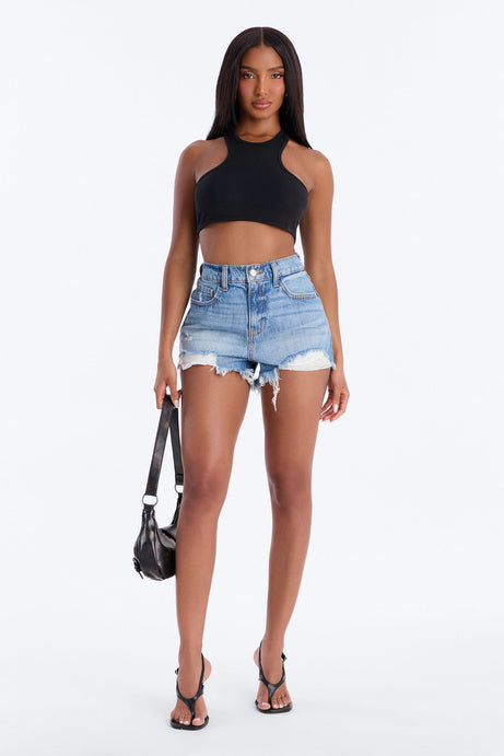 Off Shore Fray Hem Denim Shorts - Medium Wash