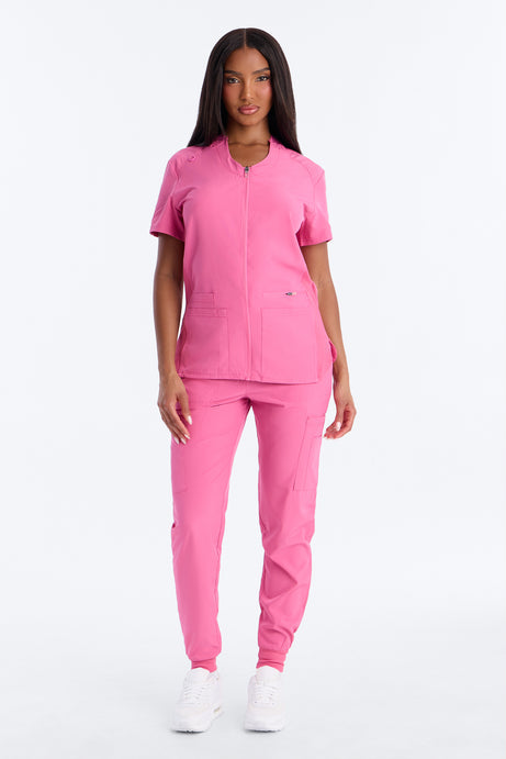 Vital 4 Way Stretch Front Zip Jogger Scrub Set - Hot Pink