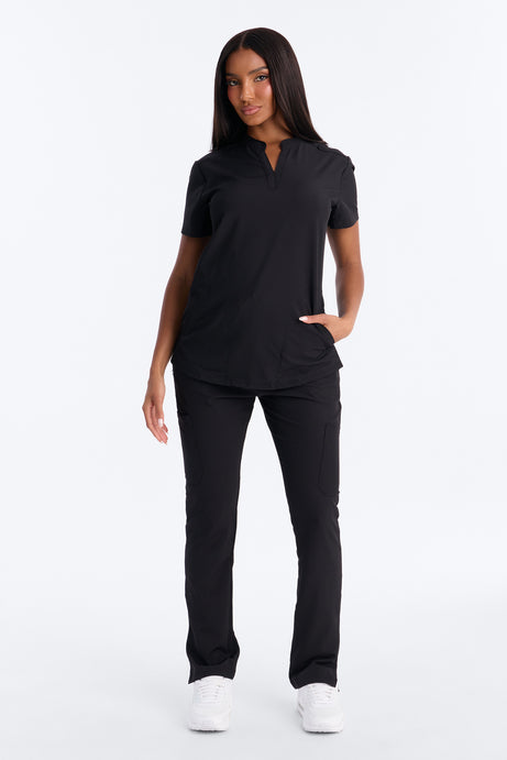 It's Go Time Collared Open Leg Uniform Scrub Set - Black