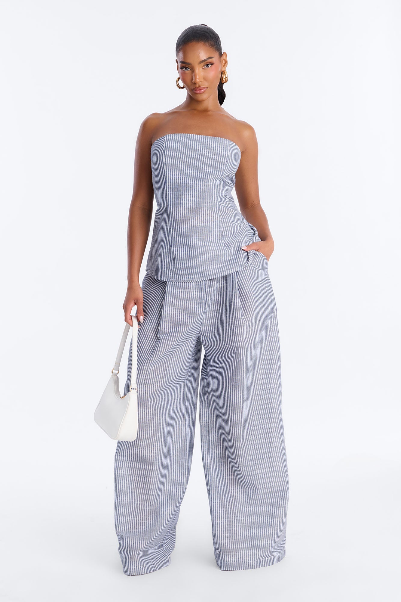 Luella Strapless Striped Linen Pant Set - White/Blue