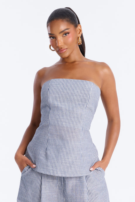 Luella Strapless Striped Linen Pant Set - White/Blue