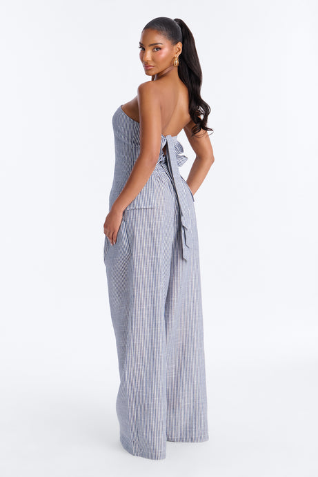Luella Strapless Striped Linen Pant Set - White/Blue