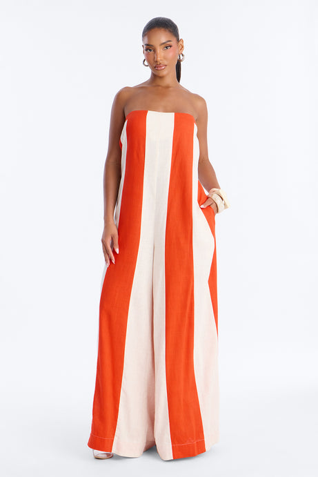 Michelle Striped Strapless Linen Jumpsuit - Orange