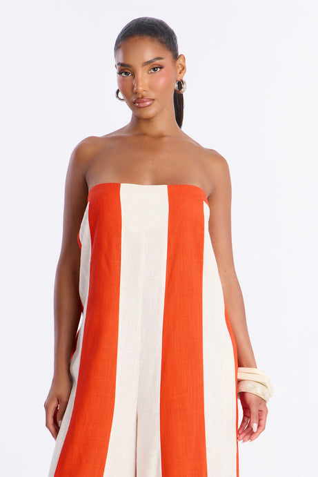 Michelle Striped Strapless Linen Jumpsuit - Orange
