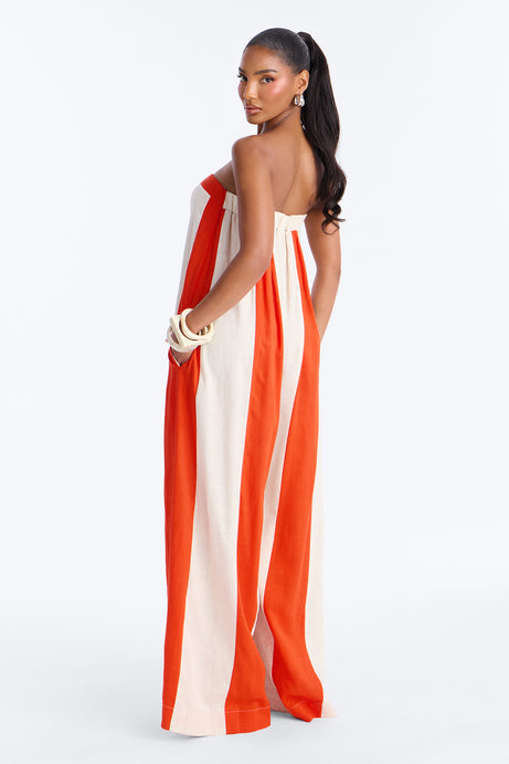 Michelle Striped Strapless Linen Jumpsuit - Orange