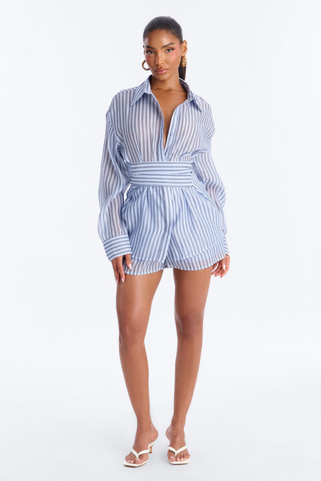 Maddie Belted Chiffon Short Set - Blue