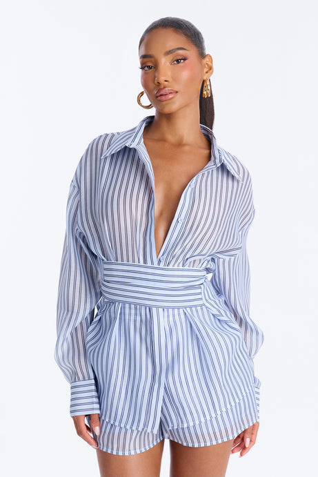 Maddie Belted Chiffon Short Set - Blue