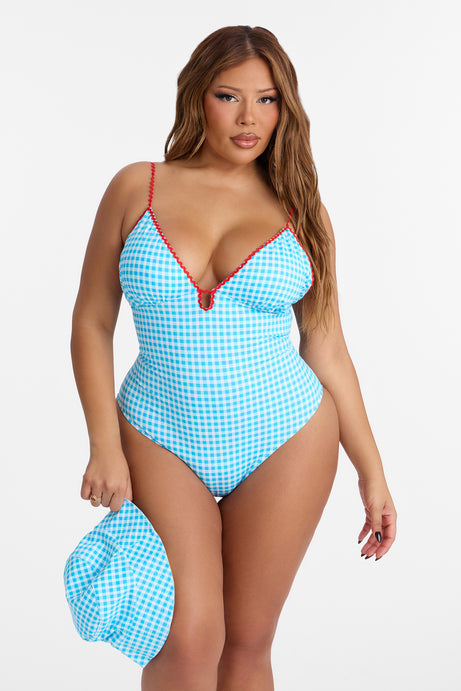 Shady Summer 1 Piece Gingham Swimsuit & Bucket Hat Set - Blue/combo