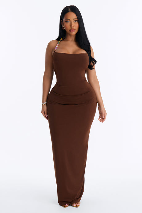 Leila Beaded Halter Maxi Dress - Brown