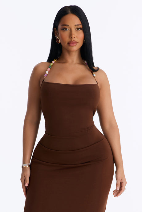 Leila Beaded Halter Maxi Dress - Brown