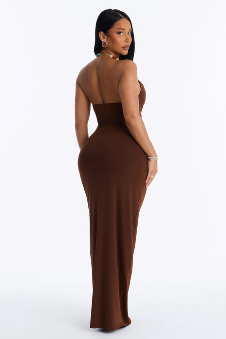 Leila Beaded Halter Maxi Dress - Brown