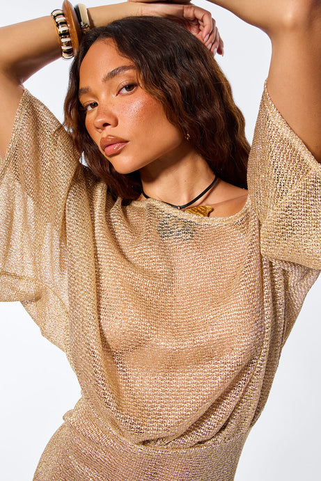 Bronzed Babe Metallic Crochet Off Shoulder Mini Dress - Gold