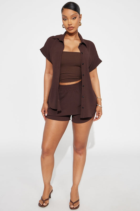 Ava Button Up Short Set - Chocolate