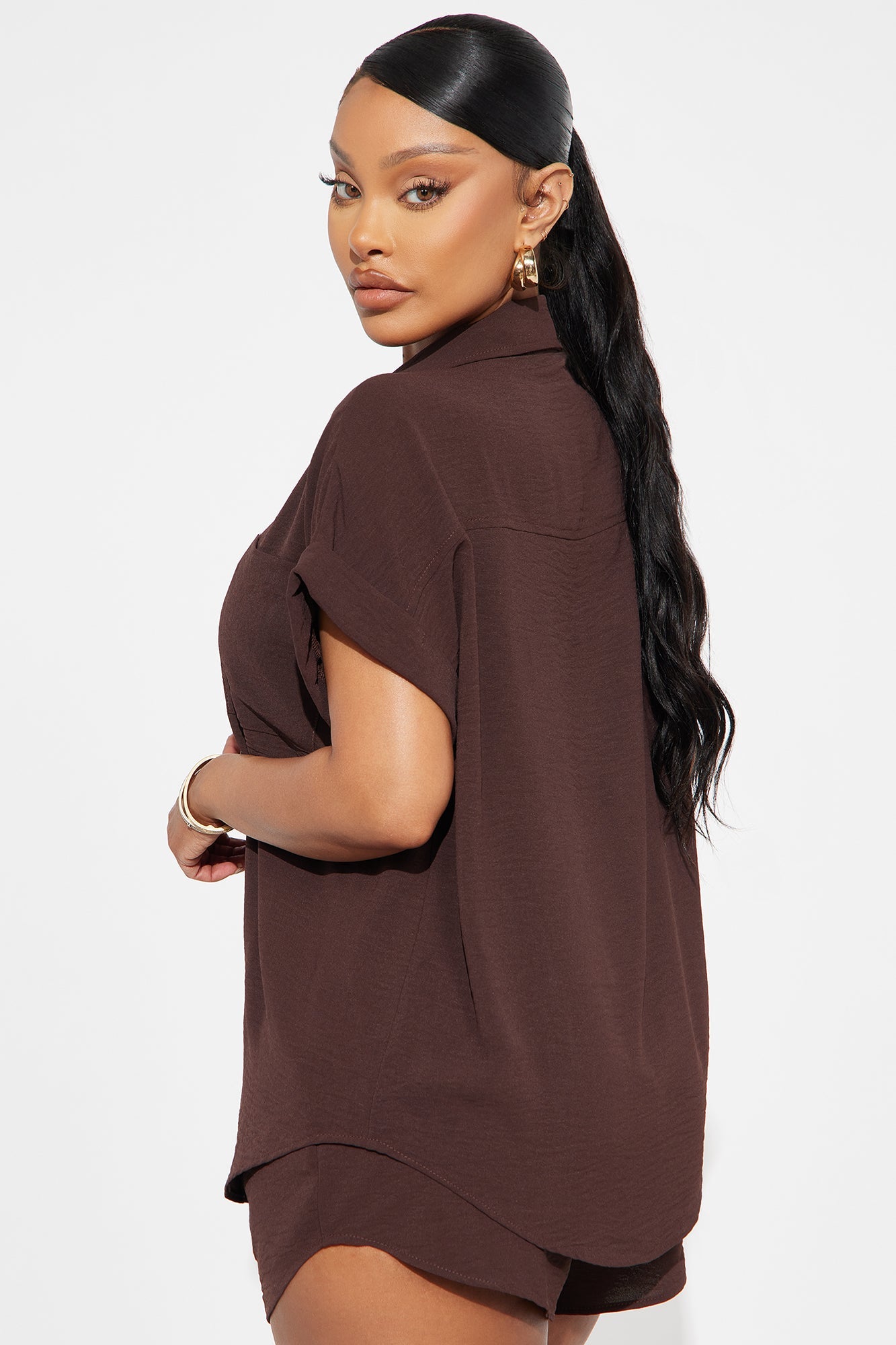 Ava Button Up Short Set - Chocolate