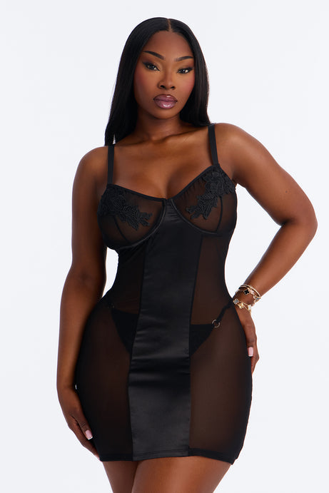 Best Of Luck Satin Mesh Chemise - Black