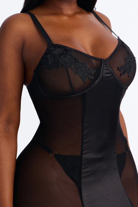 Best Of Luck Satin Mesh Chemise - Black