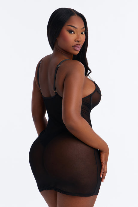 Best Of Luck Satin Mesh Chemise - Black
