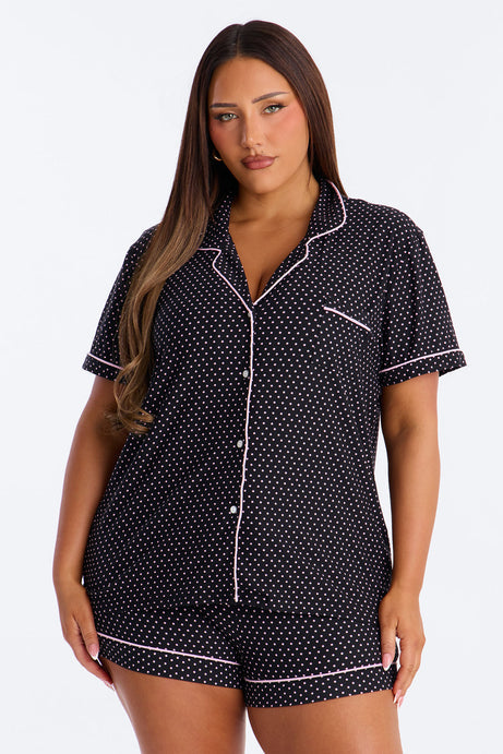 Snuggle All Night Button Up PJ Short Set - Black/Pink