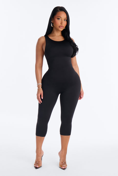 Contour Double Lined Low Back Capri Jumpsuit - Black