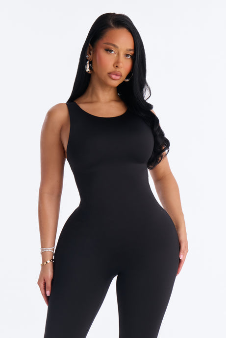 Contour Double Lined Low Back Capri Jumpsuit - Black