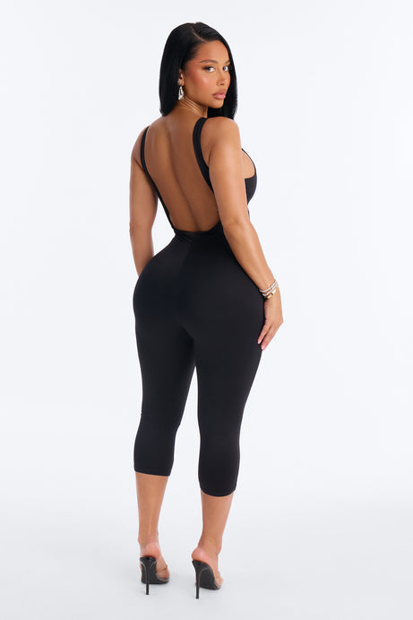 Contour Double Lined Low Back Capri Jumpsuit - Black