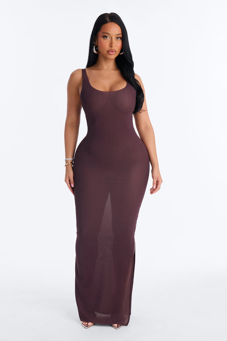 Power Mesh Low Scoop Back Sleeveless Maxi Dress - Chocolate