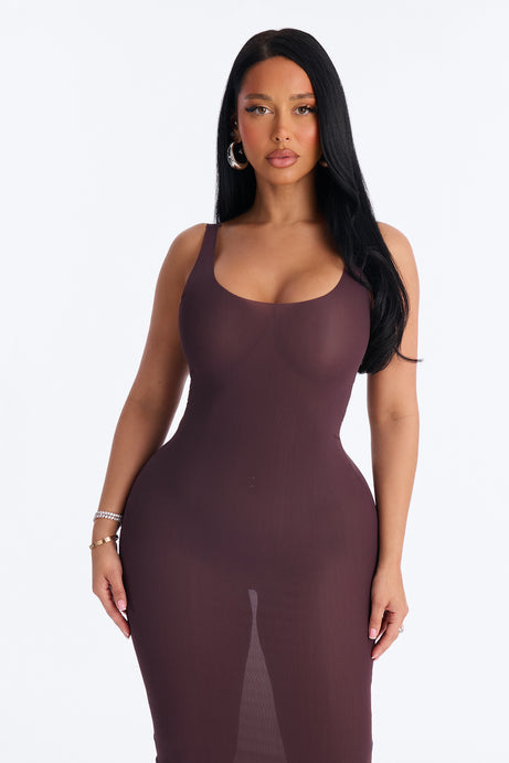 Power Mesh Low Scoop Back Sleeveless Maxi Dress - Chocolate