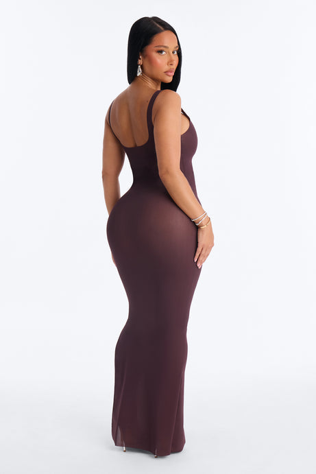 Power Mesh Low Scoop Back Sleeveless Maxi Dress - Chocolate
