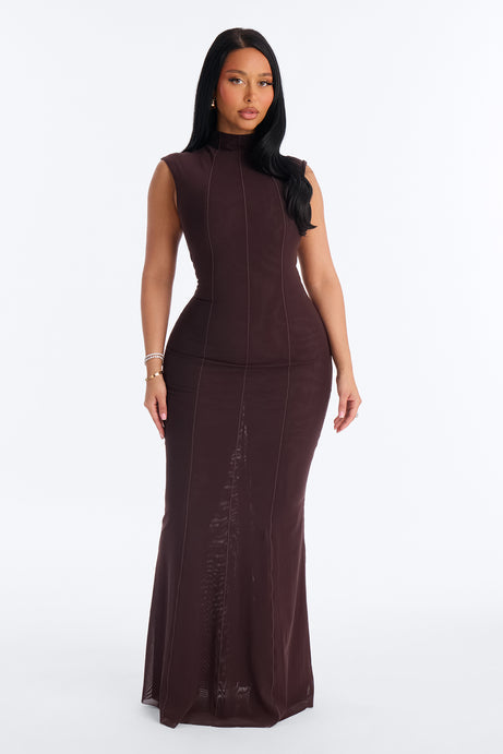 Power Mesh Double Lined Mock Neck Sleeveless Maxi Dress - Chocolate