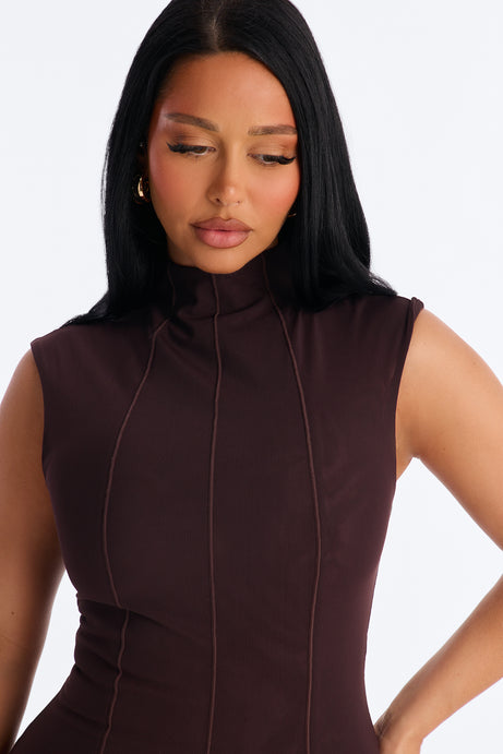 Power Mesh Double Lined Mock Neck Sleeveless Maxi Dress - Chocolate