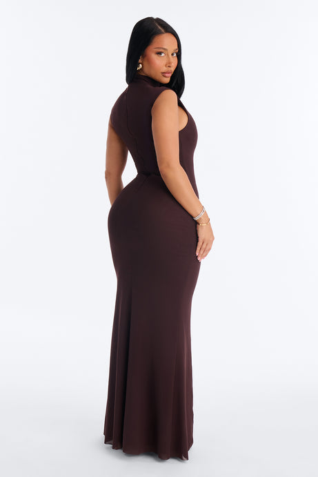 Power Mesh Double Lined Mock Neck Sleeveless Maxi Dress - Chocolate