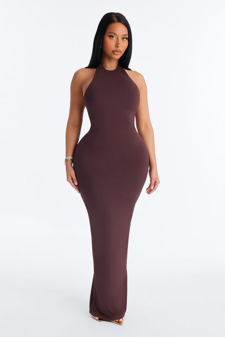 Second Skin Bra Pad Sleeveless Halter Maxi Dress - Chocolate