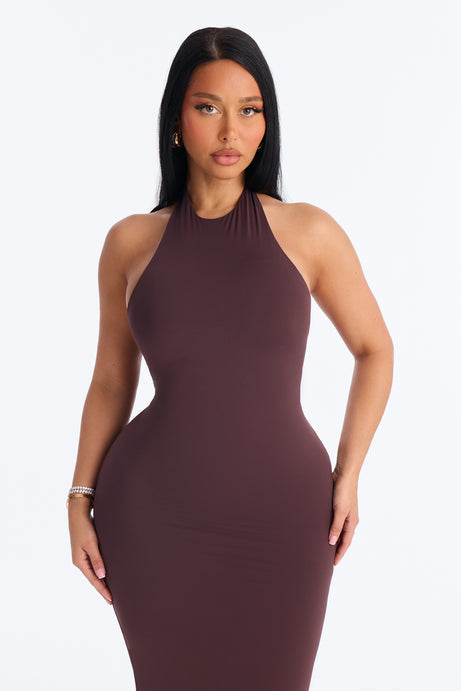 Second Skin Bra Pad Sleeveless Halter Maxi Dress - Chocolate
