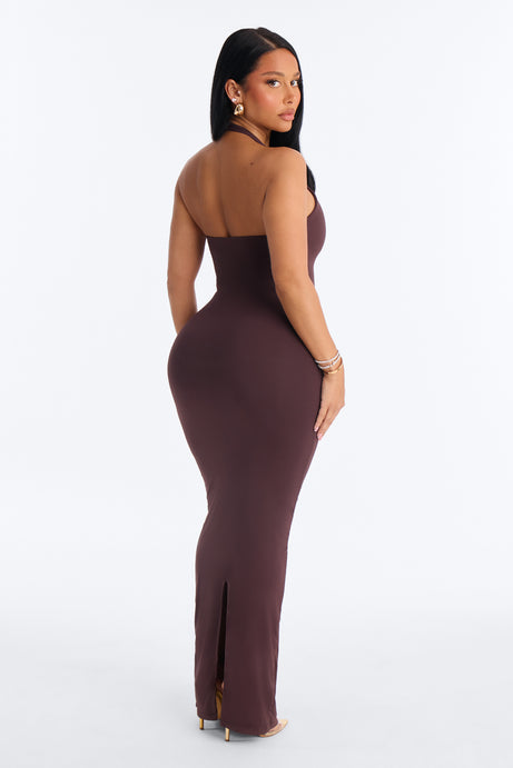 Second Skin Bra Pad Sleeveless Halter Maxi Dress - Chocolate