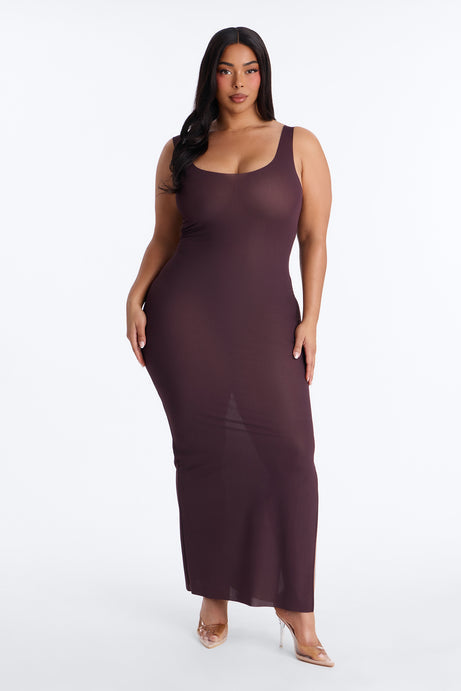 Power Mesh Low Scoop Back Sleeveless Maxi Dress - Chocolate