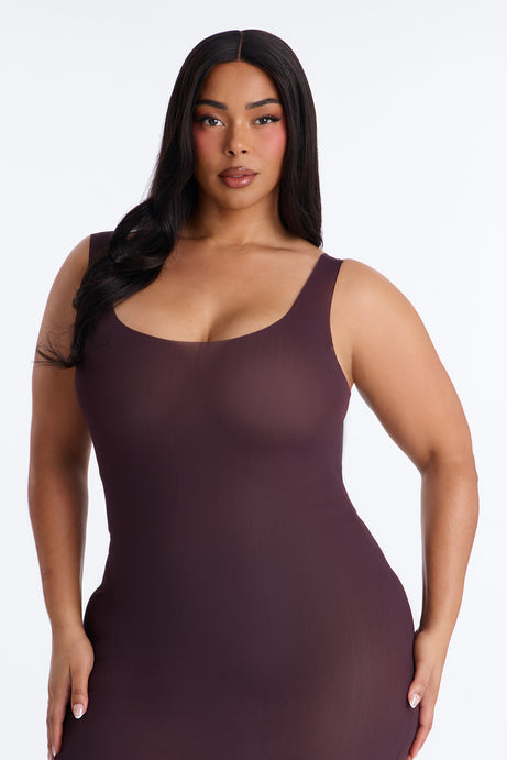 Power Mesh Low Scoop Back Sleeveless Maxi Dress - Chocolate