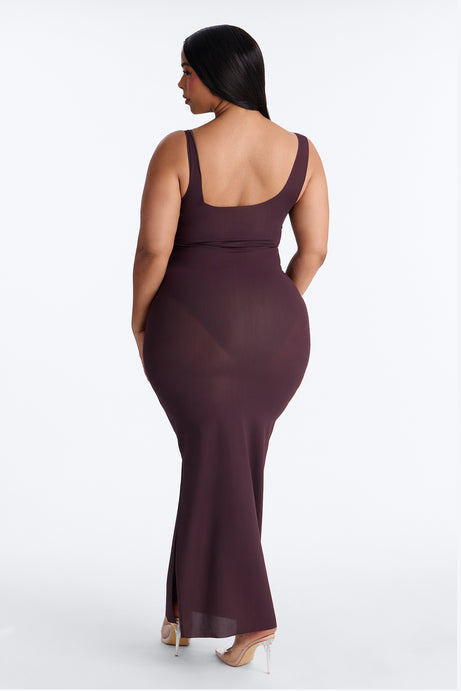 Power Mesh Low Scoop Back Sleeveless Maxi Dress - Chocolate