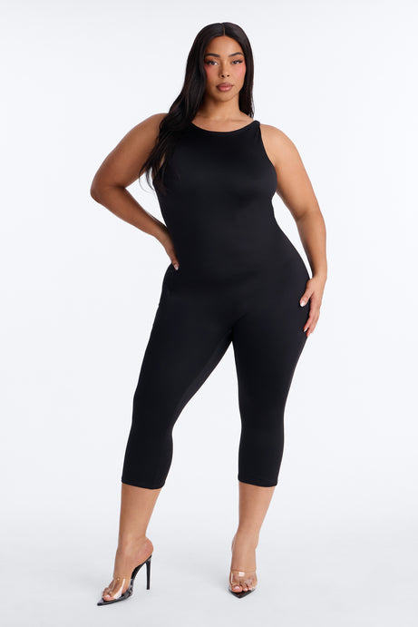 Contour Double Lined Low Back Capri Jumpsuit - Black
