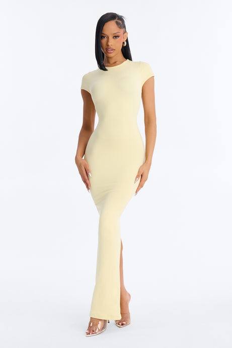 Seamless Smooth Double Lined Cap Sleeve Maxi Dress - Butter Yellow