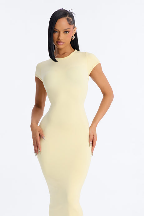 Seamless Smooth Double Lined Cap Sleeve Maxi Dress - Butter Yellow