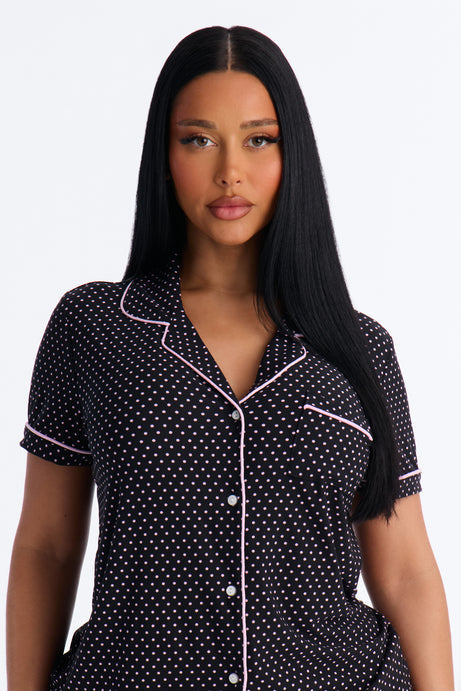 Snuggle All Night Button Up PJ Short Set - Black/Pink