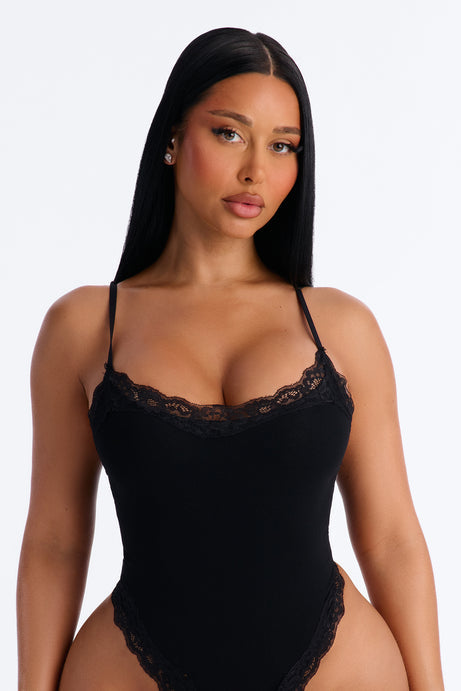 Kirstie Super Soft Lace Trim Thong Bodysuit - Black