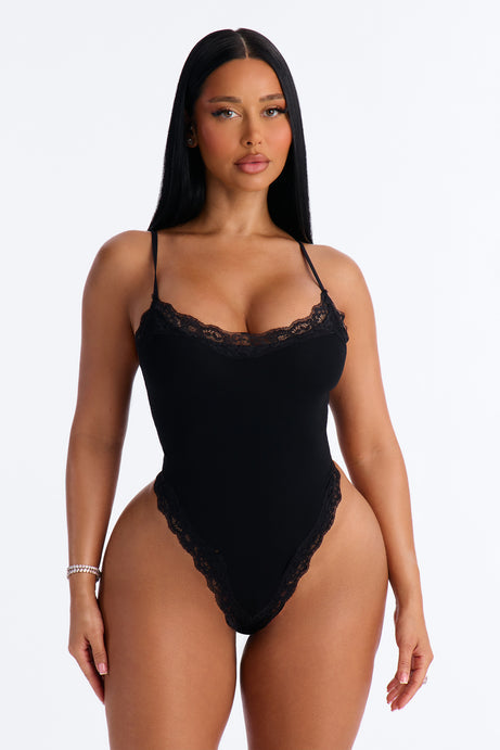 Kirstie Super Soft Lace Trim Thong Bodysuit - Black