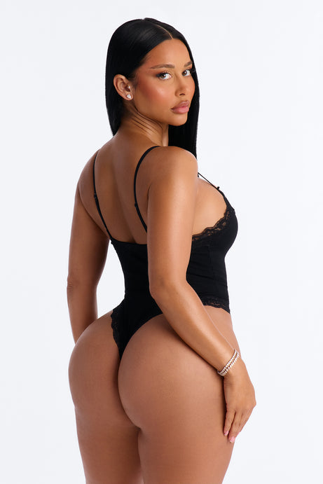 Kirstie Super Soft Lace Trim Thong Bodysuit - Black