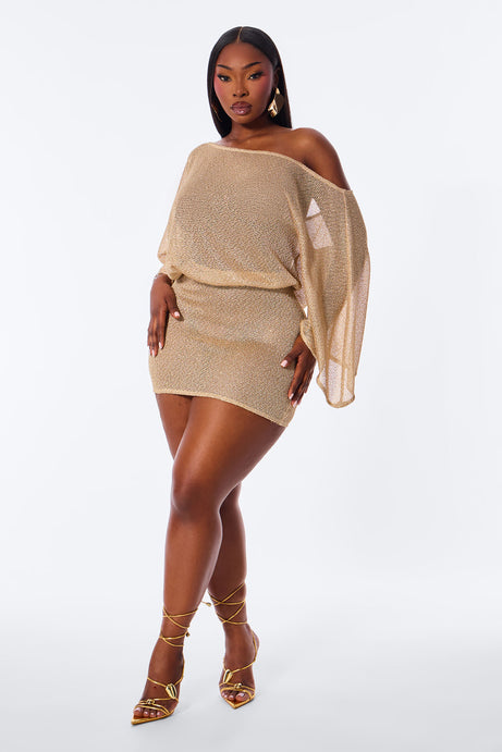 Bronzed Babe Metallic Crochet Off Shoulder Mini Dress - Gold