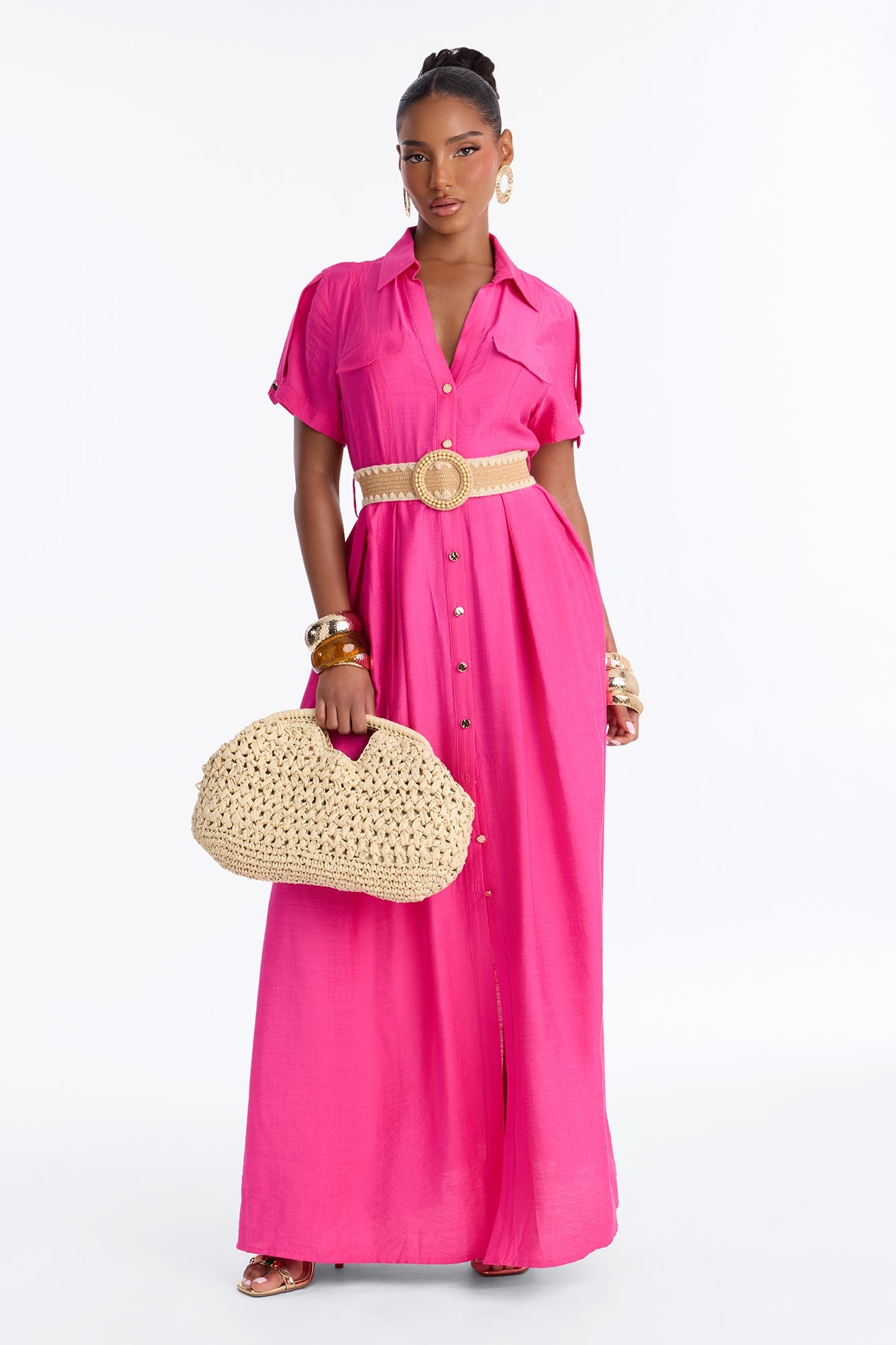 Laurel Linen Maxi Shirt Dress - HotPink
