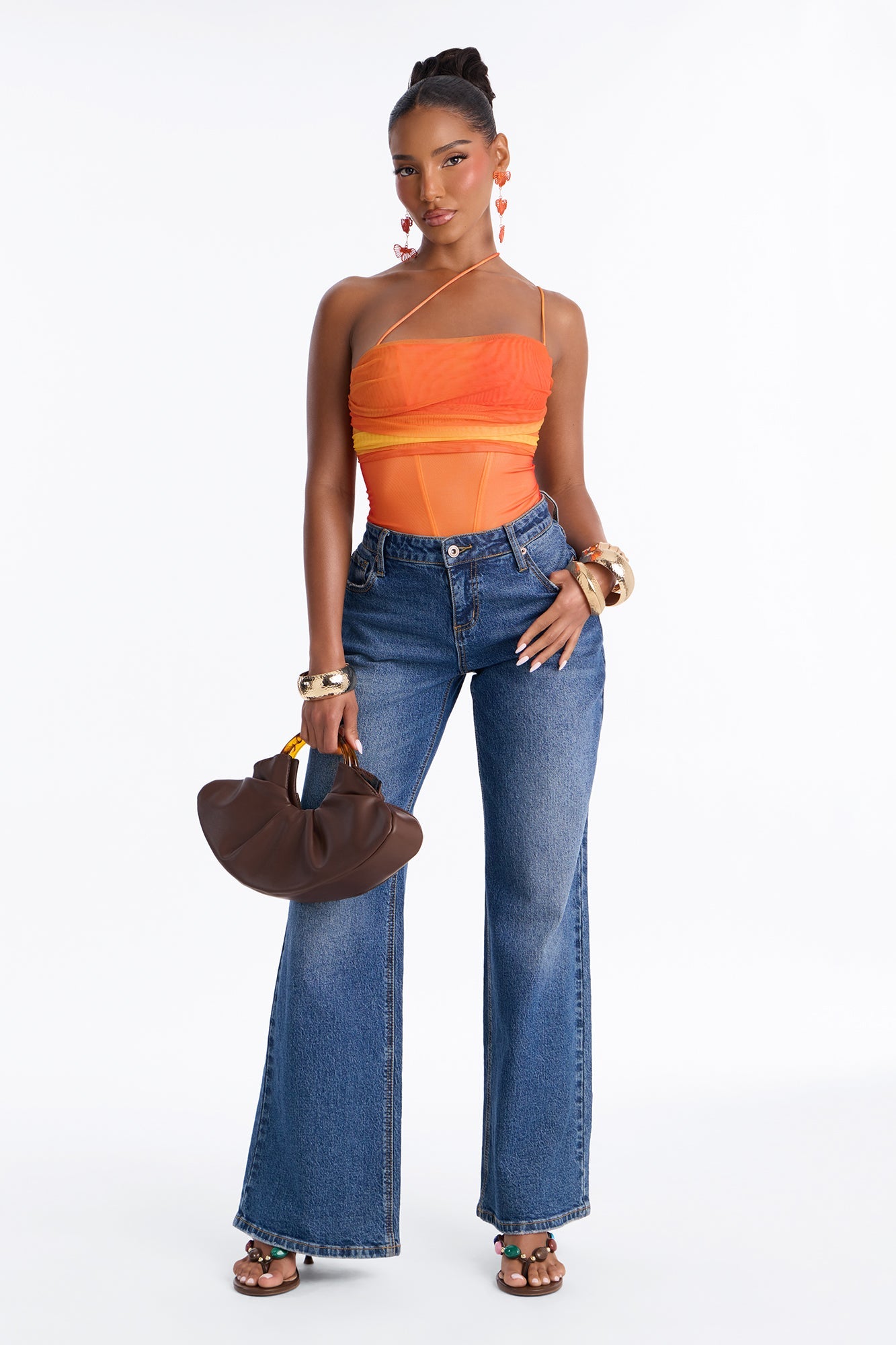 Adeline One Shoulder Mesh Bodysuit - Orange/combo