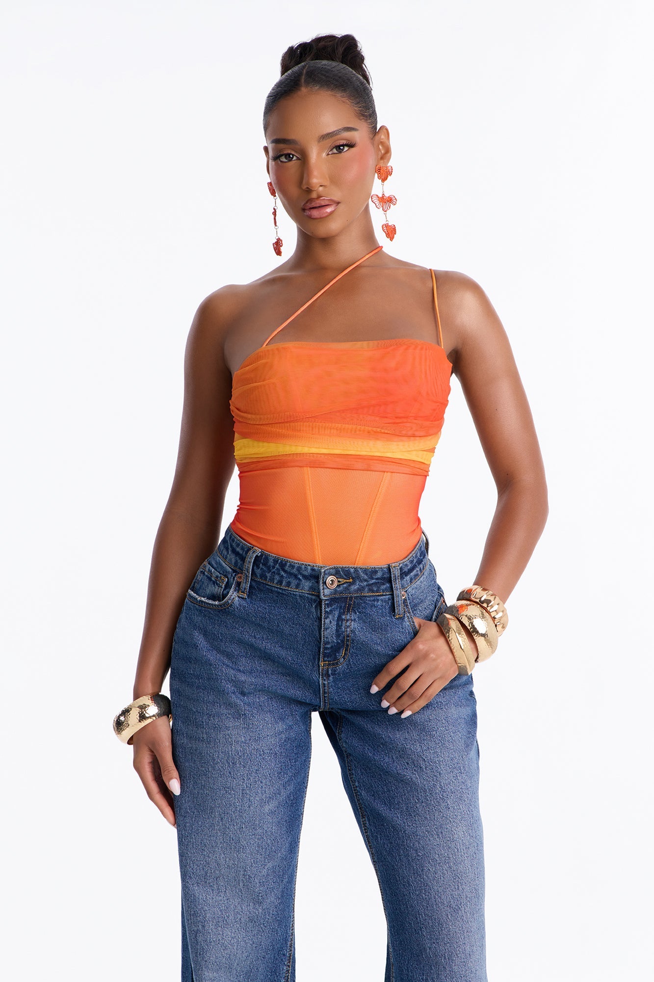 Adeline One Shoulder Mesh Bodysuit - Orange/combo